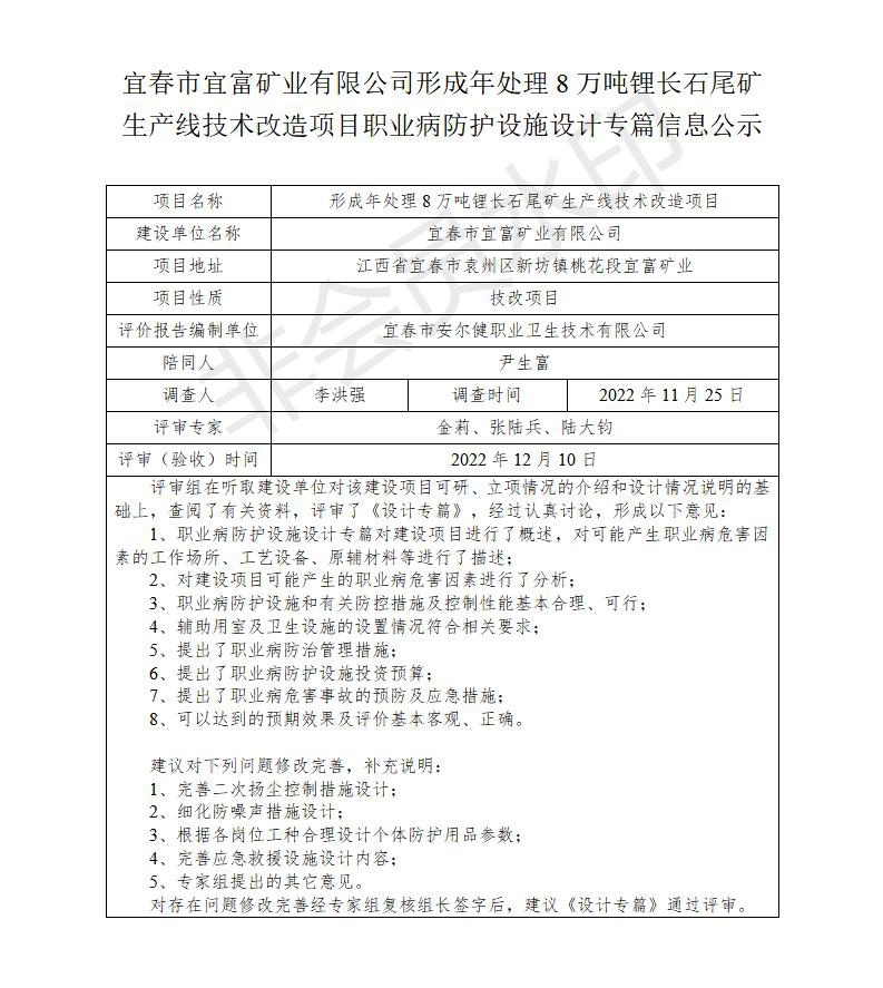 1671433404407145.jpg 宜春市宜富礦業(yè)有限公司形成年處理8萬噸鋰長石尾礦生產(chǎn)線技術(shù)改造項(xiàng)目 職業(yè)病防護(hù)設(shè)施三同時(shí)工作公示信息(設(shè)計(jì))_01.jpg